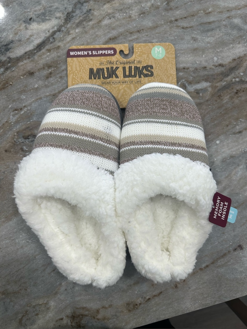 Muk Luks Cream, Brown & Tan Striped Slip-On Slippers